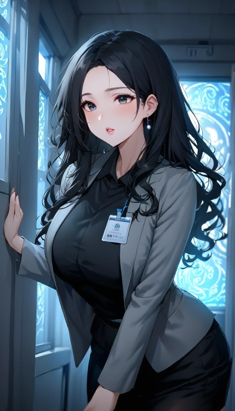 1woman,matured face,curtain hair forehead(long black hair),eyes,black eyes,teacher,teacher outfit, beautiful, colourful classroom background,standing attentive pose, neutral,stoic,wearing an ID card,earrings,juicy full lips,magic circle in the background, , cinematic lighting,