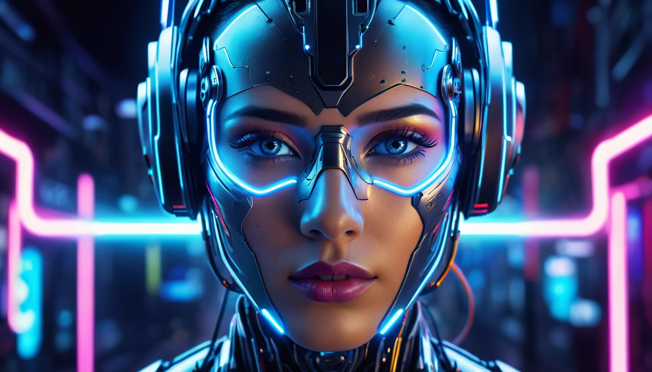 Create a Facebook cover with a cyborg feel with bright and flashy neon lights, 3D, hyper realistic, very realistic, UHDR 8k.