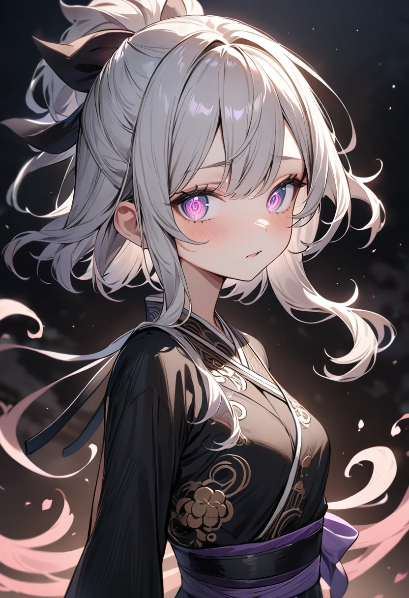 (masterpiece, top quality, very aesthetic, 4k、illustration), intricate detail, 1girl,Standing 、(upper body)、clear face、(Swirling eyes)、,
Cute 、Random Hair Color、,middle hair,sidelock ,Random Color eyes、ninja clothes、small breasts、Slim 、
