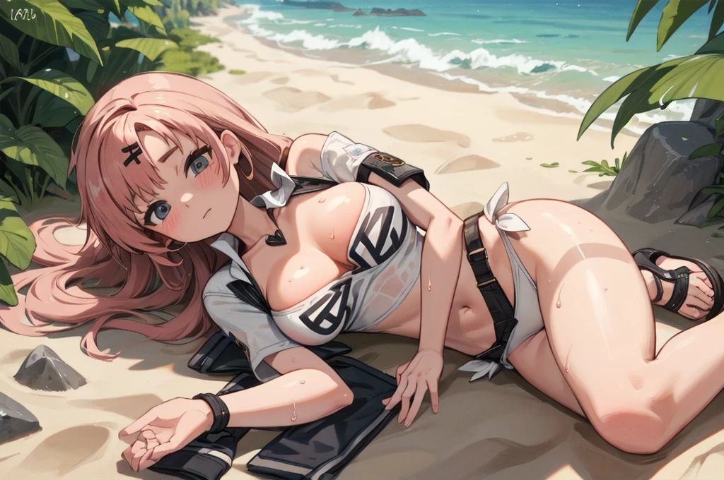 (Ultra HD、Very detailed、Highest quality、Extreme close-up、Delicate expression、Fine Lines、Detailed depiction、An unbreakable attitude、Biologically correct body shaping、Detailed face、Detailed Hair、Lying on the sand、Courtship pose、My whole body is wet):2.0、(Sexy white and light pink bikini、Tube top、Stylish beach sandals、Only the left breast is exposed):2.2