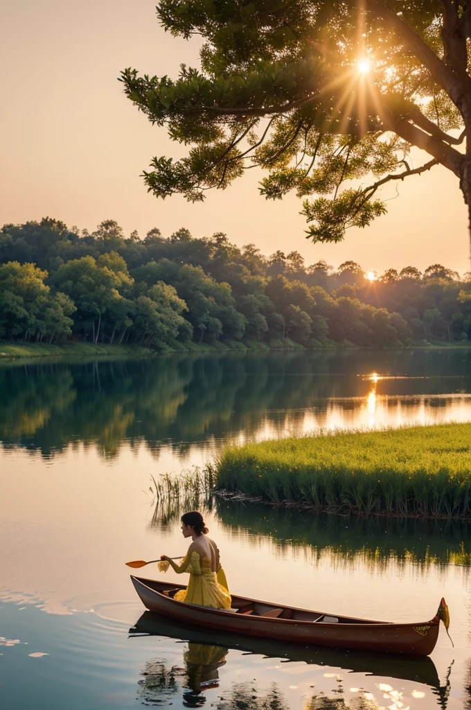 Stunning 3D rendering of a serene spring scene, capturing the golden light of a sunset. In the foreground, a beautiful, graceful girl glides across a calm lake in a canoe, wearing a kebaya with a unique green motif. Arrangements of flowers bloom in the background, their petals glowing with hues of pink, orange, and yellow. The surface of the lake reflects the warm colors of the sky, and the silhouettes of trees in the distance add depth to the view. The overall atmosphere is serene and enchanting, evoking a sense of peace and rejuvenation., 3d render, poster, cinematic, dark fantasy, wildlife photography, photo