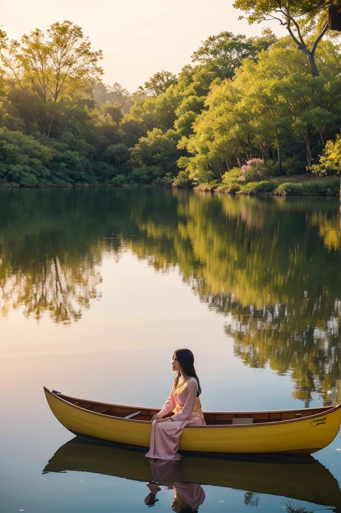 Stunning 3D rendering of a serene spring scene, capturing the golden light of a sunset. In the foreground, a beautiful, graceful girl glides across a calm lake in a canoe, wearing a kebaya with a unique green motif. Arrangements of flowers bloom in the background, their petals glowing with hues of pink, orange, and yellow. The surface of the lake reflects the warm colors of the sky, and the silhouettes of trees in the distance add depth to the view. The overall atmosphere is serene and enchanting, evoking a sense of peace and rejuvenation., 3d render, poster, cinematic, dark fantasy, wildlife photography, photo