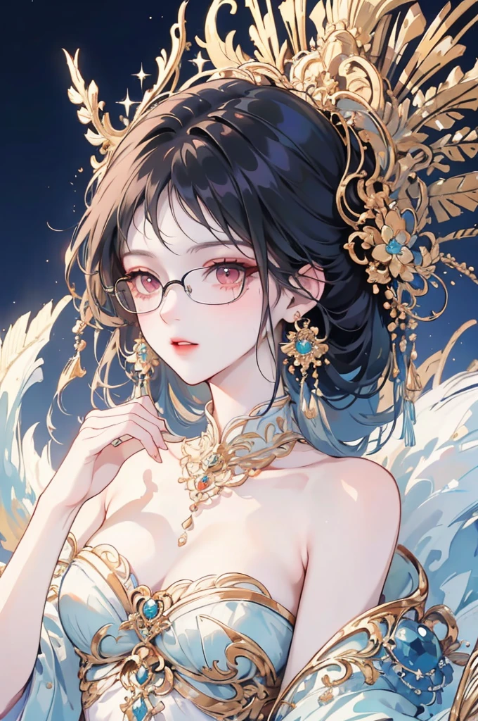 Black Hair, Glasses, Earrings, High quality, Feminization, 8K, masterpiece, best quality, Excellent details) , (High Saturation, Best shadow, Best light, Extremely fine bleaching) Dark Style