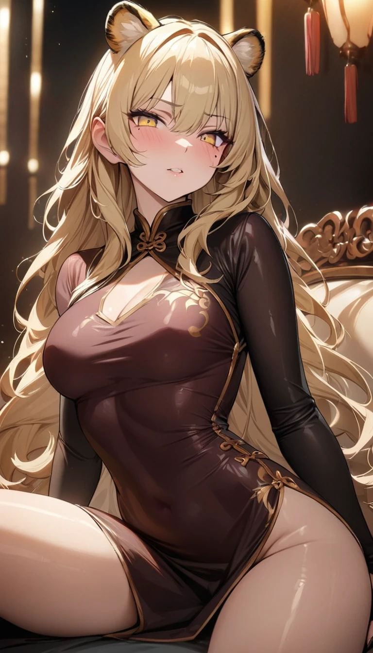 1girl、(((best quality)), ((masterpiece)), (details), masterpiece, best quality, high quality, ulutra detailed, perfect face, ((1girl, blond eyes, tiger ears: 1.3 blond long hair: 2.5,Mole under left eye:2.0))、Shiny Hair、Glowing Skin、Lustful look、China dress、Sitting on a Chinese-style sofa、Stiletto heels、