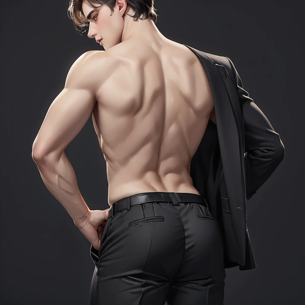 solo,black background,1 boy,arse,male accent,back to shoulder blades,black trousers,bare back,head out of frame,arse accent,trousers down,realistic.