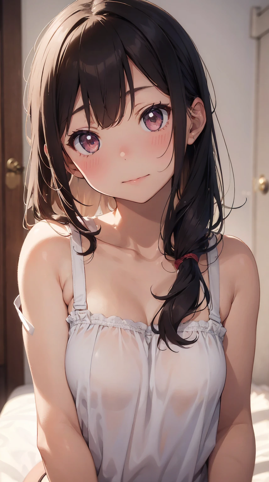 1girl,face out of frame,close up  viewer,bare_shoulders, blush,white bowbra,breast,closed_mouth, collarbone,looking_at_viewer,simple_background,small_breasts,solo,underwear_only,sun light,