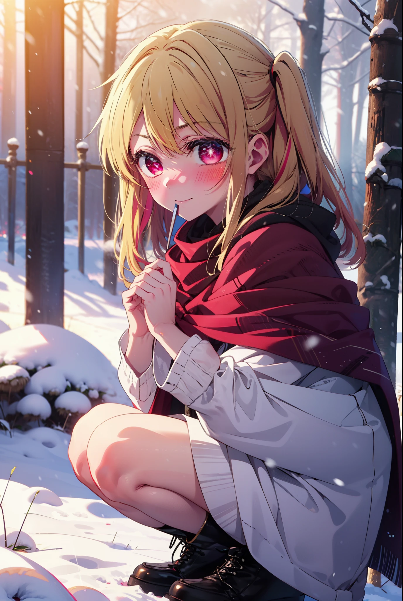 rubyhoshino, Hoshino Ruby, Long Hair, bangs, blonde, (Pink Eyes:1.3), Side Lock, (Symbol-shaped pupil:1.5), Multicolored Hair, Two-tone hair, smile,,smile,blush,white breath,
Open your mouth,snow,Ground bonfire, Outdoor, boots, snowing, From the side, wood, suitcase, Cape, Blurred, , forest, White handbag, nature, Squat, Mouth closed, Cape, winter, Written boundary depth, Black shoes, red Cape break looking at viewer, Upper Body, whole body, break Outdoor, forest, nature, break (masterpiece:1.2), Highest quality, High resolution, unity 8k wallpaper, (shape:0.8), (Beautiful and beautiful eyes:1.6), Highly detailed face, Perfect lighting, Highly detailed CG, (Perfect hands, Perfect ???????),