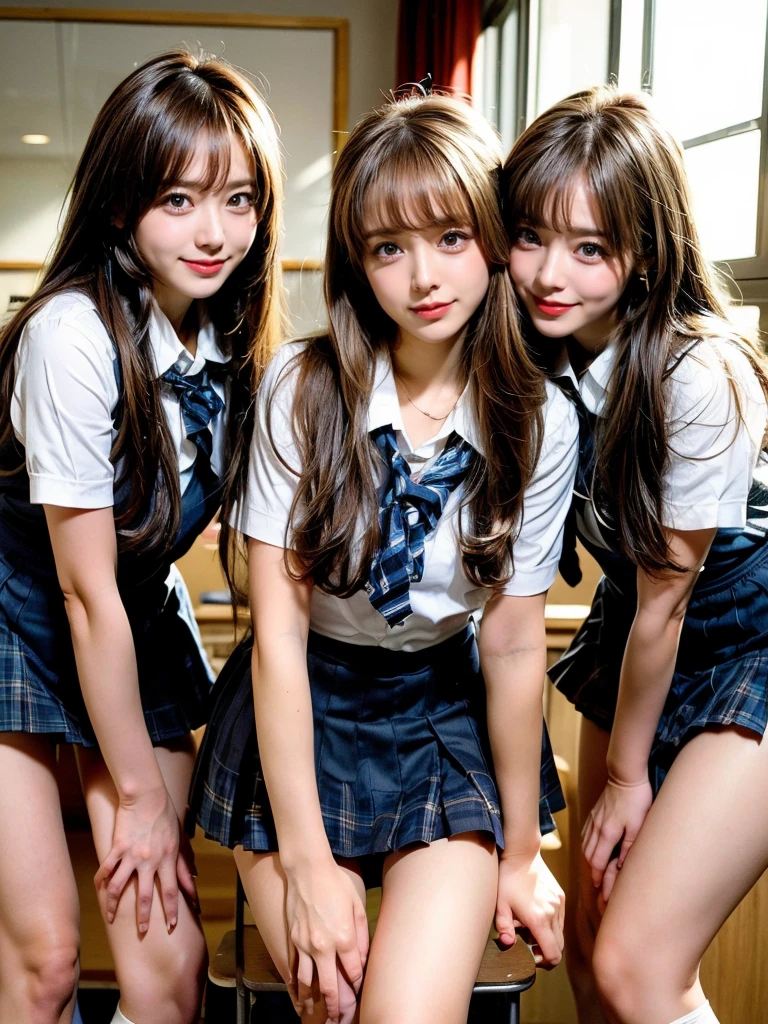 NSFW,((sex)), ((masterpiece)), ((highest quality)), (Super detailed), ((cute)), cute, (Multi-point), ((sexy)), (device), ((very detailed)), 4k, (8k), highest quality, (beautiful), hyper cute face, shape, anime style,hyper genuineistic, genuine, dynamic angle, ((full body)), close, thick outline, clear outline, on school, (three girls, 3 cute girls:1.5), (school girl uniform :1.5), beautiful light brown hair, beautiful brown eyes, ((beautiful eyes)), (leaning forward:1.5), (upskirt:1.5), short hair, big breasts,  smile