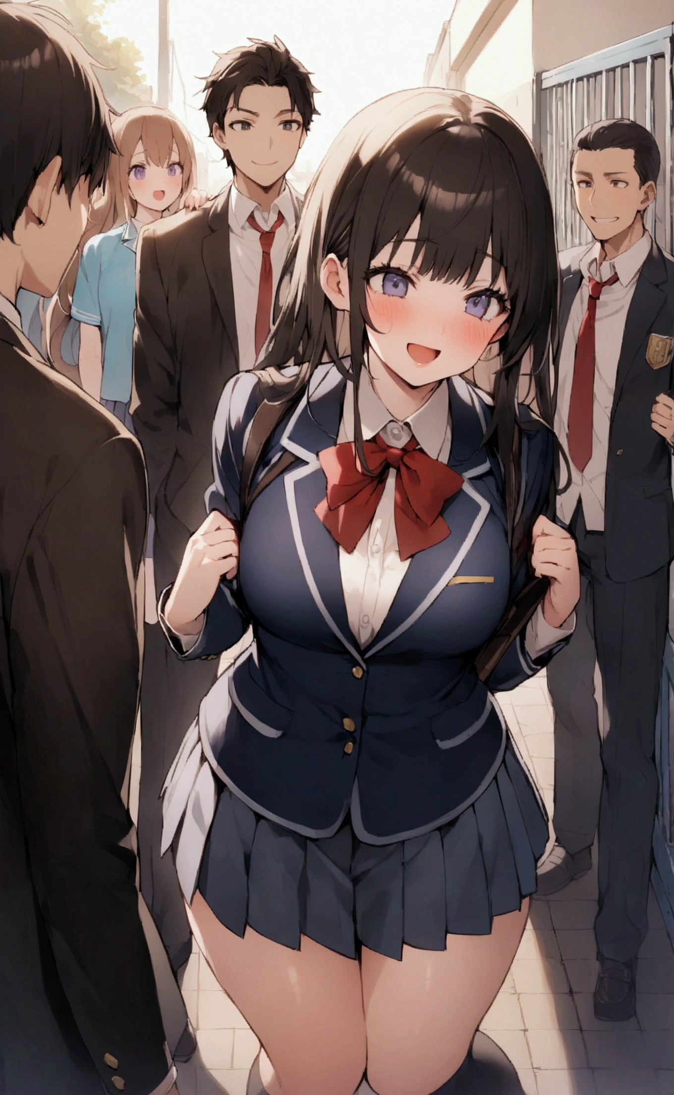 One Woman、One Man、beautiful girl、Brown-haired boy、Beautiful Youth、after school、evening、high school girl、School Nameplate、Blazer uniform、Pleated skirt、Black knee-high socks、Long Hair、In front of the school gate、Highest quality, Thick thighs、Big 、White panties、Black Hair、Pounding face、A crowd going home from school、In front of the school gateで待つ仕草、A handsome man walks in from the back.、Lean your back against the wall、Holding his chest with both hands、A man puts his hand on a woman's shoulder、Boys are smiling