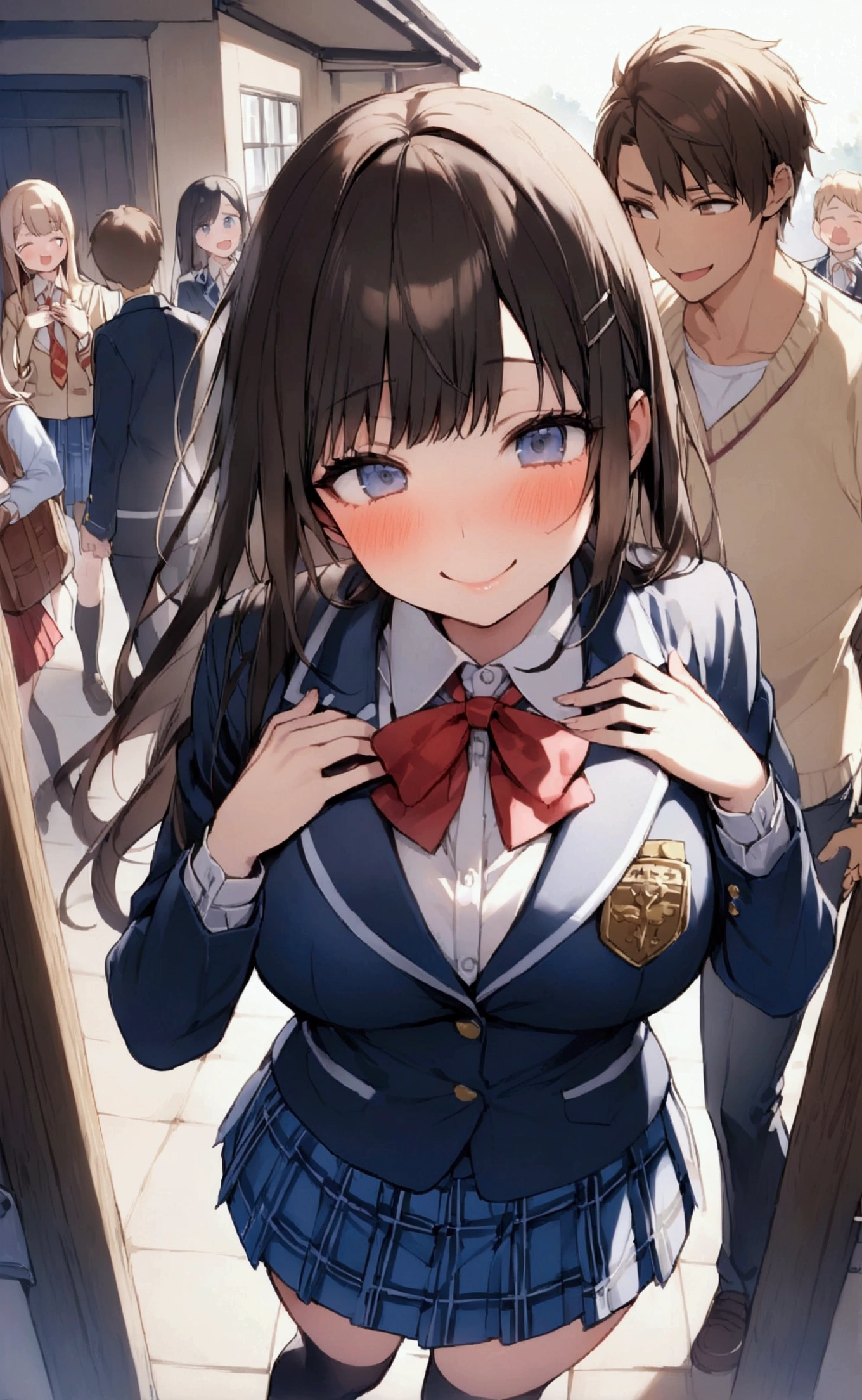 One Woman、One Man、beautiful girl、Brown-haired boy、Beautiful Youth、after school、evening、high school girl、School Nameplate、Blazer uniform、Pleated skirt、Black knee-high socks、Long Hair、In front of the school gate、Highest quality, Thick thighs、Big 、White panties、Black Hair、Pounding face、A crowd going home from school、In front of the school gateで待つ仕草、A handsome man walks in from the back.、Lean your back against the wall、Holding his chest with both hands、A man puts his hand on a woman's shoulder、Boys are smiling