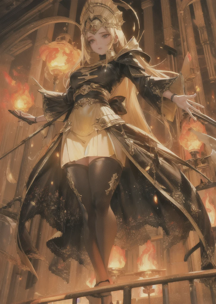 (masterpiece, best quality, ultra-detailed, highres), perfect face, sidelighting,official style,dark souls,fire protection woman, lustrous skin, standing,
(bloom), lighting, ray tracing,  