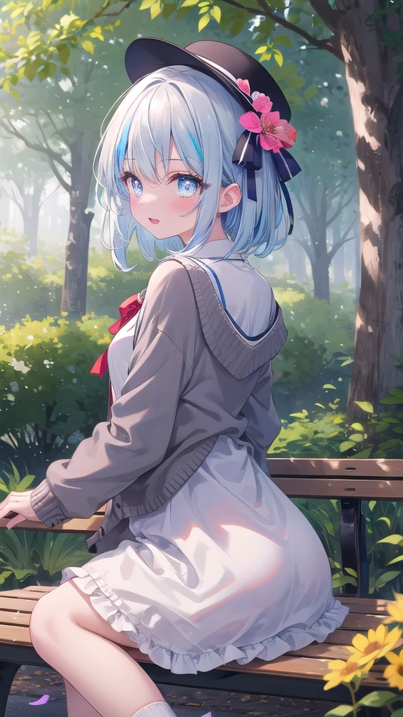 (8k, best quality, master piece: 1.2),super high resolution,1 girl, 独奏, ((colorshift eyes, hyperdetailed, expressive eyes)), ultra-detailed face, random hair, random color, Ecstatic expression, Back view, Sitting on a park bench、Girl reading a book。Flower beds and trees around々is spreading。White frilly dress、Cardigan with ribbon on the back。A small hat。