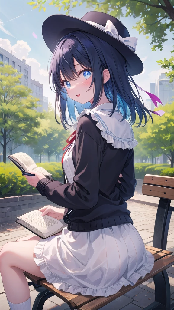 (8k, best quality, master piece: 1.2),super high resolution,1 girl, 独奏, ((colorshift eyes, hyperdetailed, expressive eyes)), ultra-detailed face, random hair, random color, Ecstatic expression, Back view, Sitting on a park bench、Girl reading a book。Flower beds and trees around々is spreading。White frilly dress、Cardigan with ribbon on the back。A small hat。
