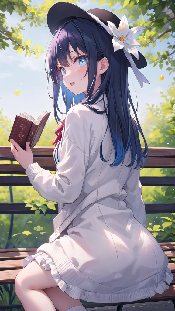 (8k, best quality, master piece: 1.2),super high resolution,1 girl, 独奏, ((colorshift eyes, hyperdetailed, expressive eyes)), ultra-detailed face, random hair, random color, Ecstatic expression, Back view, Sitting on a park bench、Girl reading a book。Flower beds and trees around々is spreading。White frilly dress、Cardigan with ribbon on the back。A small hat。