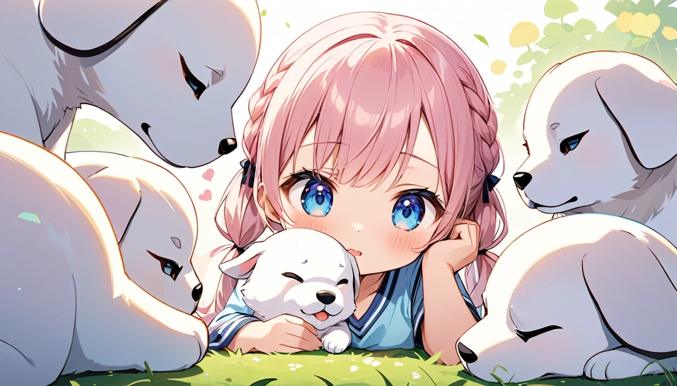 Highest quality、High resolution、Detailed Background、Beautiful face in every detail、Anatomically correct、Detailed facial expressions、fine grain、((full body, from below, side view)), ((One Girl))、Chibi Girl、Cute hair color、Big beautiful blue eyes、Braided twin tails、Elementary school, (Tank top、Ｖneck、mini skirt、Cute Shoes)、break　grassland、((Lying face down、Rest your chin on your hands and bend your knees))、((A giant white puppy))、((Meeting a dog))、Poke with your finger、I'm a little scared、I have a lot of tears in my eyes、An expression that looks like it's about to cry、Close up hands、