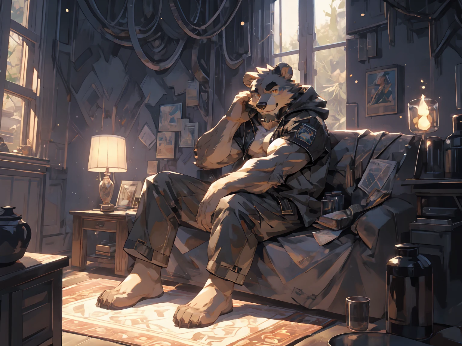 (masterpiece:1.2), best quality,pixiv,official art,perfect anatomy, (Ray tracing, light),solo, (1_male:1.3) , (muscle), (grey fur:1.4), (muscle bear), (beard:1.2), (gleaming golden eyes), bear tail, Thick black eyebrows, (open hooded parka) , (naked inside:1.2), cargo shorts, barefoot , (morden apartment: 1.3), french window, indoor , fur carpet , cushion , rest on sofa