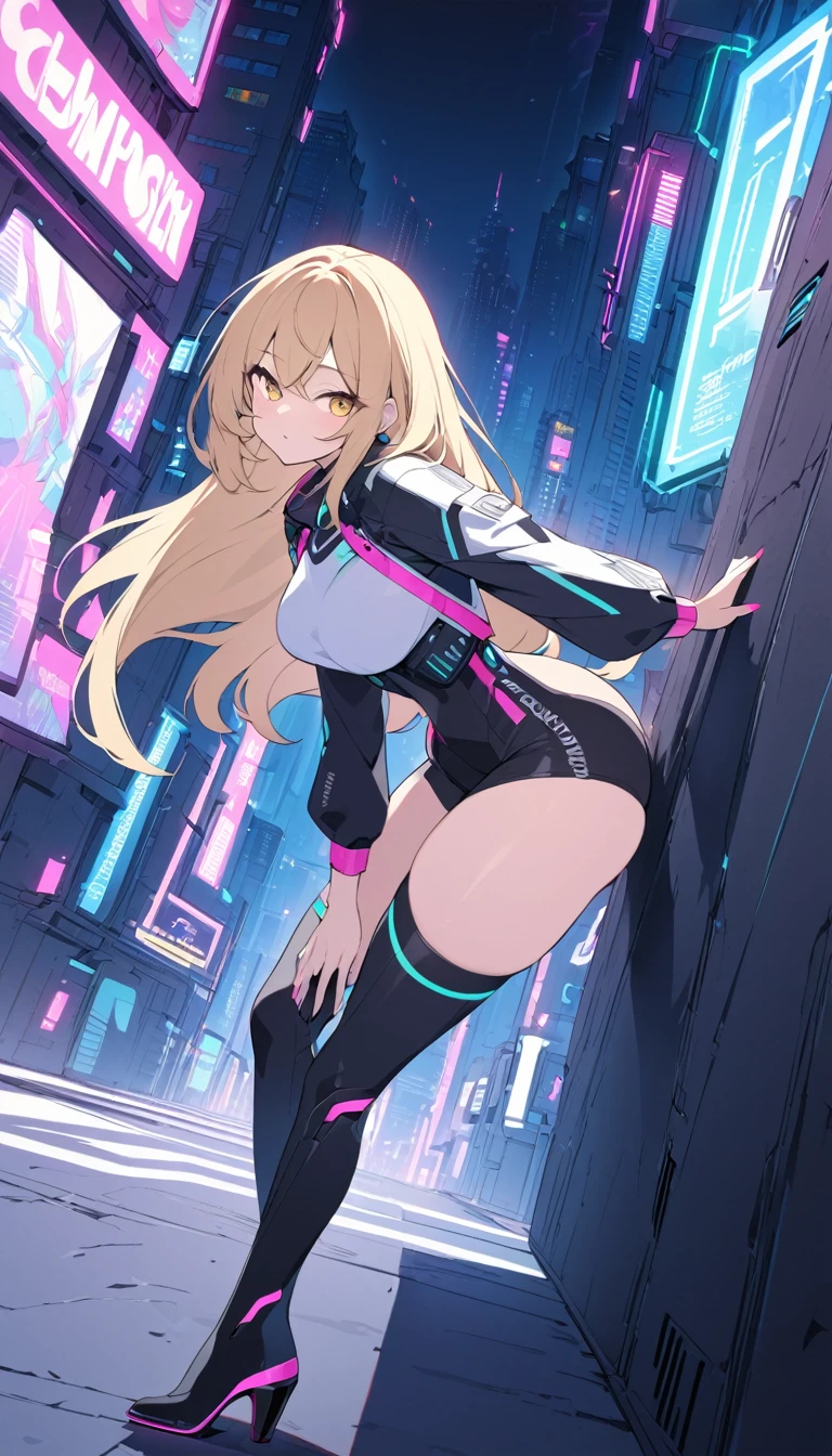 Create a side view, full-body illustration of a seductive blonde anime girl leaning against a wall in a provocative pose. She should be wearing tight, futuristic clothes that emphasize her curves, with high-tech fabrics and accessories. Use vibrant neon colors for her outfit and the background to create a lively and energetic atmosphere. The background should feature a cyberpunk cityscape with neon lights. Ensure the image is in a resolution suitable for an iPhone wallpaper, capturing the futuristic and seductive theme effectively