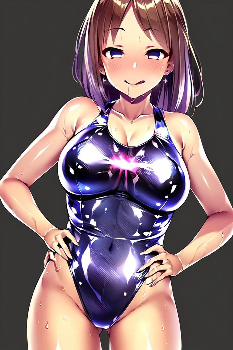 (High resolution, masterpiece, Highest quality, High resolution:1.8), (Realistic:1.5), (40-year-old woman:1.8), (Dim Light), (Light on the face:0.5), (Detailed face, Fine hair, Detailed skin, (Shining Eyes:1.5)), (Cowboy Shot:1.8), (Huge breasts), (thin), ((Narrow your eyes and smile widely:1.3), (surprised eye:1.5), (Mouth open:1.3)), (Look straight:1.8), (Are standing), (Glowing Skin, Shiny skin:1.8), (Competitive swimming suits:1.5), (Glowing Skin:1.6), (surprise, Are standing, Hands on hips:1.2:1.5),