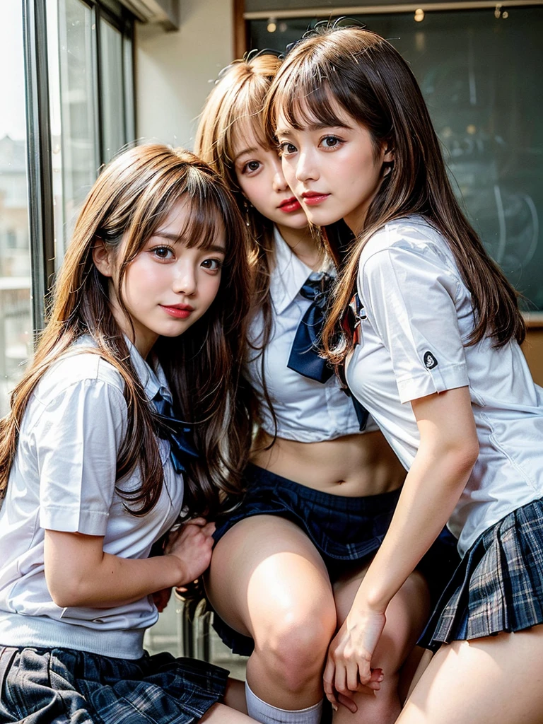 NSFW,((sex)), ((masterpiece)), ((highest quality)), (Super detailed), ((cute)), cute, (Multi-point), ((sexy)), (device), ((very detailed)), 4k, (8k), highest quality, (beautiful), hyper cute face, shape, anime style,hyper genuineistic, genuine, dynamic angle, ((full body)), close, thick outline, clear outline, on school, (three girls, 3 cute girls:1.5), (school girl uniform :1.5), beautiful light brown hair, beautiful brown eyes, ((beautiful eyes)), (leaning forward:1.5), (upskirt:1.5), short hair, big breasts, smile