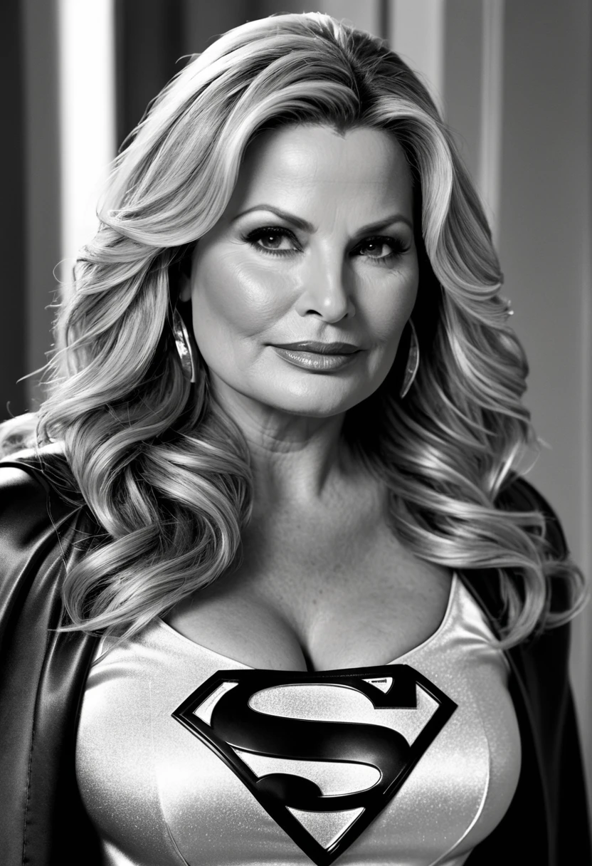Supergirl(black/white clothes) real old Jennifer Coolidge 2024; HD. Photograph, ((realism)), extremely high quality RAW photograph, ultra detailed photograph, sharp focus, high resolution, (detailed skin:1,3),high quality, film grain, Fujifilm XT3,Highly Detailed, movie, (Cinematic Photo:1.3) of (Realistic:1.3)