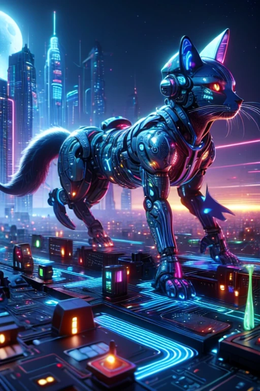top quality, future world, ((cyborg cat is running)), side view