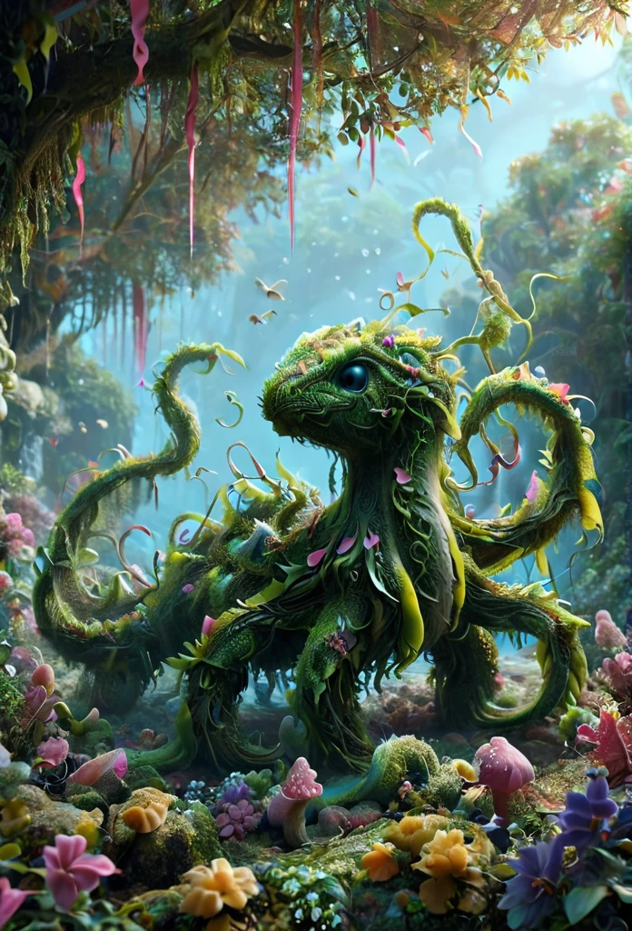 illustrious, Darling, kraken hatchling, dancing on leaves and flower petals made of g1h3r, grsw and covered in fractal vines, intricate details, colorful, magical, realism, hyperrealistic, fractalvines, 