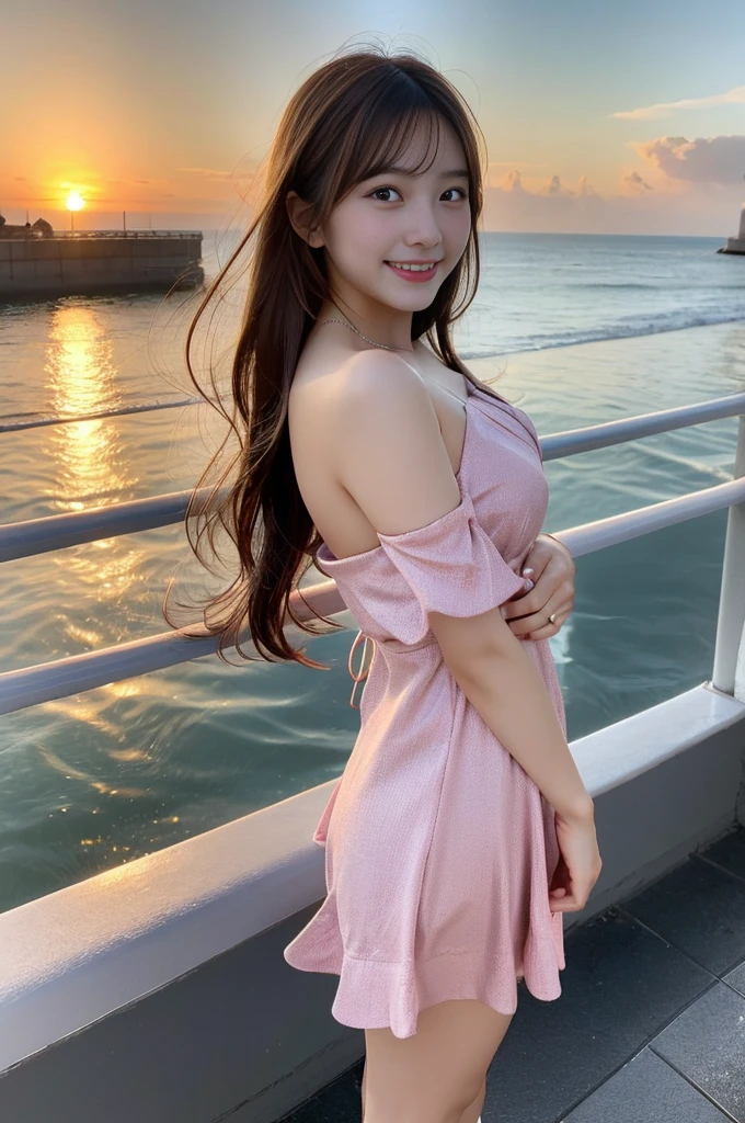 Japanese woman, 20 years old, smiling, open mouth, long brown hair, pink tips, brown eyes, small breasts, pink dress, full body, legs open, more legs visible, hands clasped behind head, side visible, ocean with sunset, evening