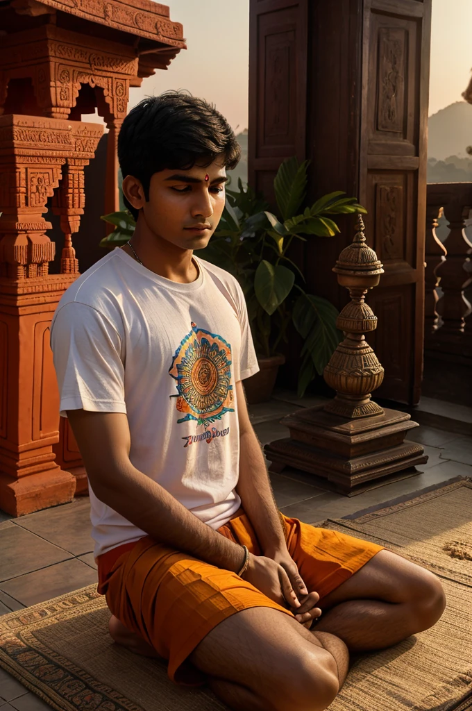 create realistic high quality image where a 20 year old Indian boy sitting & praying ahead to Ganesh ji, boy wearing saffron t-shirts on which name "Jagadesh" is written boldly, beautiful background, sunrise, devotional atmosphere,Traditional temple, make sure name should be visible & correct