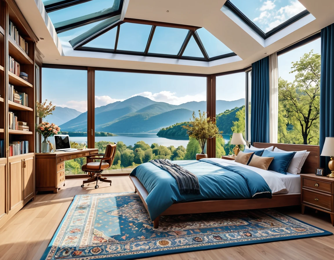 8K picture quality,Best quality,masterpiece,HD,Super rich detail,detailed,Cozy blue bedroom,Large Windows,Floor-to-ceiling windows,Extra large glass windows Glass room Glass roof ceiling,big bed,There are pillows on the bed,Quilt,Essas roupas,notebook,There is a cabinet next to it,There are bookcases,There is a table,There are chairs,There are curtains,Air conditioning,There are flowers,There is a wardrobe,There are carpets,There are many books,Overall very comfortable,extremely clean,very useful,Large Windows,The scenery outside the window is rivers, lakes, mountains, landscapes, trees and forests