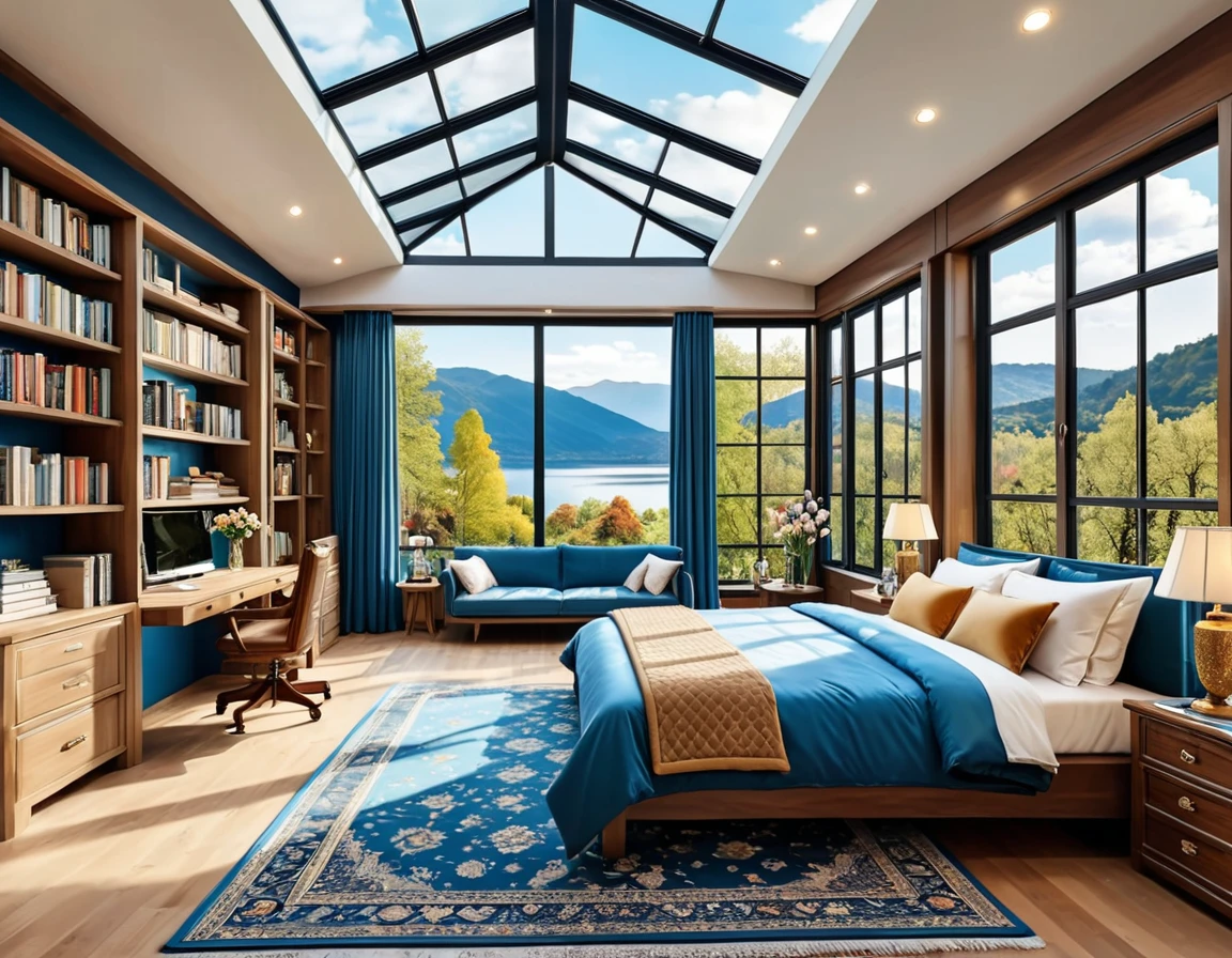 8K picture quality,Best quality,masterpiece,HD,Super rich detail,detailed,Cozy blue bedroom,Large Windows,Floor-to-ceiling windows,Extra large glass windows Glass room Glass roof ceiling,big bed,There are pillows on the bed,Quilt,Essas roupas,notebook,There is a cabinet next to it,There are bookcases,There is a table,There are chairs,There are curtains,Air conditioning,There are flowers,There is a wardrobe,There are carpets,There are many books,Overall very comfortable,extremely clean,very useful,Large Windows,The scenery outside the window is rivers, lakes, mountains, landscapes, trees and forests