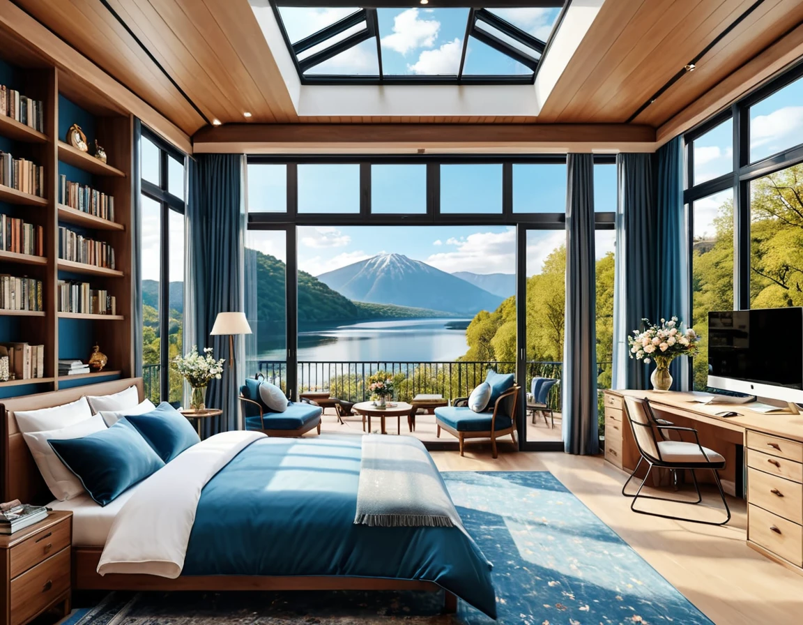 8K picture quality,Best quality,masterpiece,HD,Super rich detail,detailed,Cozy blue bedroom,Large Windows,Floor-to-ceiling windows,Extra large glass windows Glass room Glass roof ceiling,big bed,There are pillows on the bed,Quilt,Essas roupas,notebook,There is a cabinet next to it,There are bookcases,There is a table,There are chairs,There are curtains,Air conditioning,There are flowers,There is a wardrobe,There are carpets,There are many books,Overall very comfortable,extremely clean,very useful,Large Windows,The scenery outside the window is rivers, lakes, mountains, landscapes, trees and forests