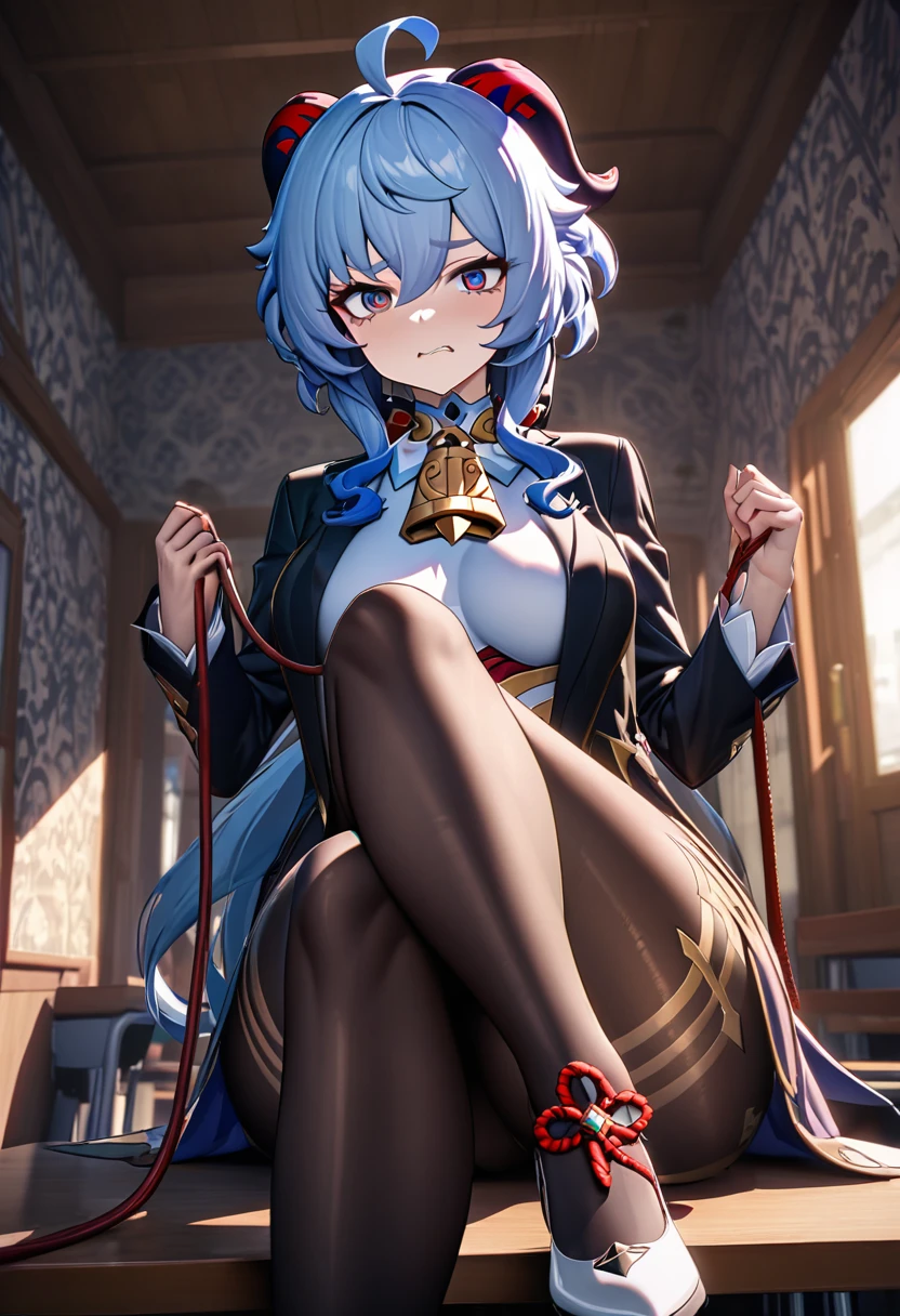 absurd, 8k, high resolution, ultra detailed, vivid colors, wallpaper, perfect lighting, beautiful skin, perfect shadows, beautiful eyes, detailed eyes, detailed face, beautiful face, masterpiece, best quality, detailed clothing, full body , you can see the girl's entire body, ganyu genshin impact, tall woman, face with a serious and rape and troll expression, she is in a classroom , medium breasts, oppai, huge thighs,  white shiny heels,black pantyhose,white shirt,black jacket,sitting on desk, golden lines on pantyhose,leash in hand,holding leash,offer her leg to viewer,front view, crossed legs , serious face,troll face,rape face ,sits at angle,carrying leash, strict look,evil smirk 