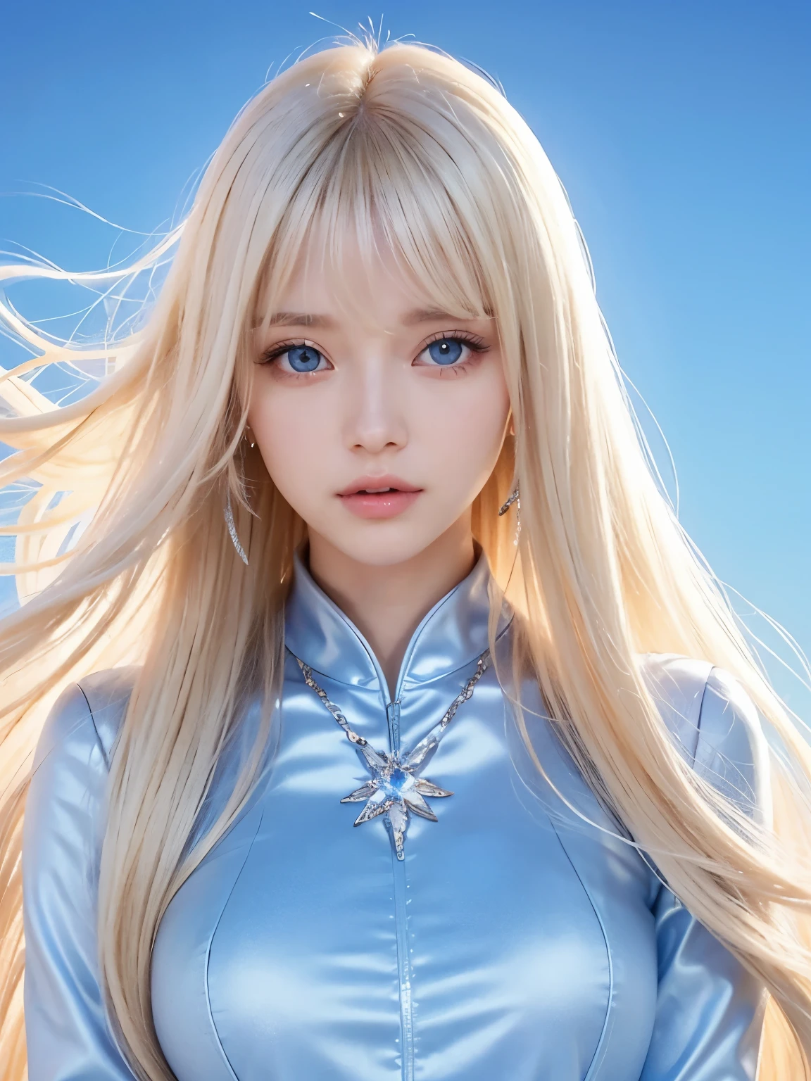 1 girl、portlate、student uniform、blue sky、Bright and very beautiful face、young, White and radiant skin、best looks、Blonde hair with dazzling light reflection、Beautiful Platinum Blonde Super Long Silky Straight Hair Gloss、long bangs、really beautiful 17 year old、Big eyes shining in clear and transparent sky blue、beautiful lovely beautiful girl