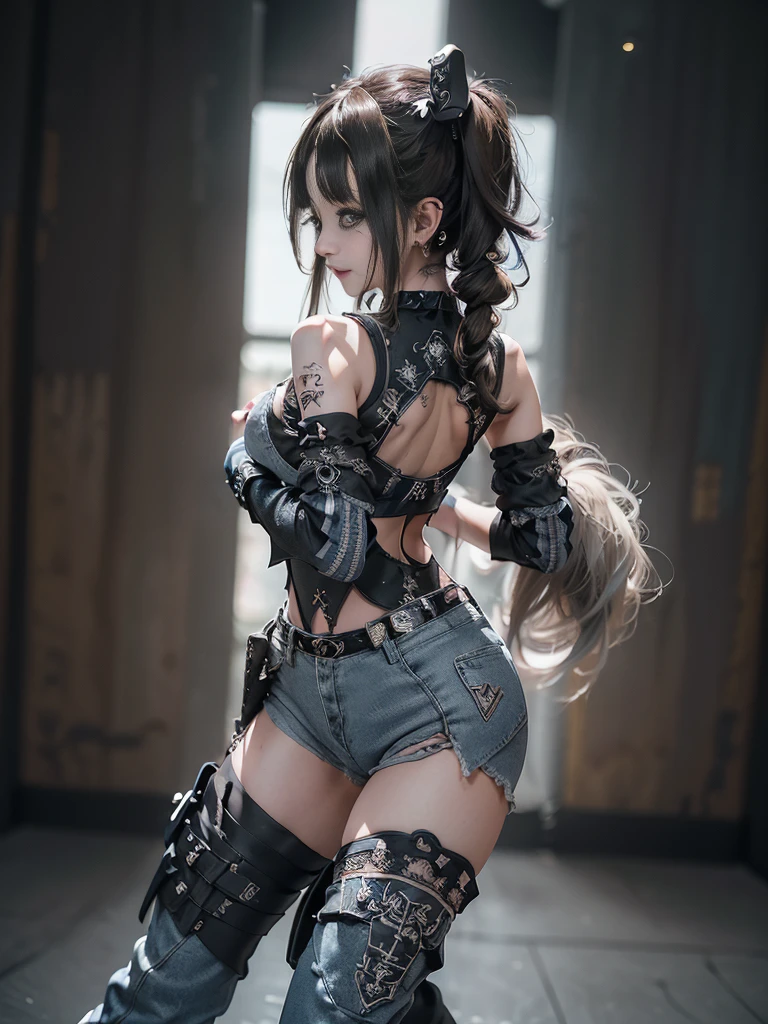 (Full body view:1.2)、(Side view:1.3)、(Smiling with teeth showing:1.3),(Shibuya Gal:1.5)、(Gothic ta style fashion:1.5)、(Punk RockVisual Kei:1.5)、(Wearing a rhythmic gymnastics bodysuit with intricate details:1.4)、(Racing suit and pants with delicate decorations in white, denim and charcoal:1.5)、(Denim and light blue and white boots:1.3)、((belt))、(Numerous delicate logo marks all over the costume:1.4)、(collar:1.3)、(Striped underwear:1.5)、20-year-old、NSFW、((Highest quality、In 8K、masterpiece:1.3))、Sharp focus:1.2、(Layered Cut、Huge boobs:1.1),Beautiful woman with perfect figure:1.4、(Dancing vigorously:1.3)、Slender Abs:1.2、Highly detailed face and skin texture、Detailed eyes、double eyelid,(Twin tails:1.3)、(Brown Hair:1.3)、Gravure idol、(The background is the stage of the fashion show:1.3)、(Slim Body:1.3),(Make your legs thinner:1.4),(clavicle:1.1)、(Thin and slim thighs:1.4)