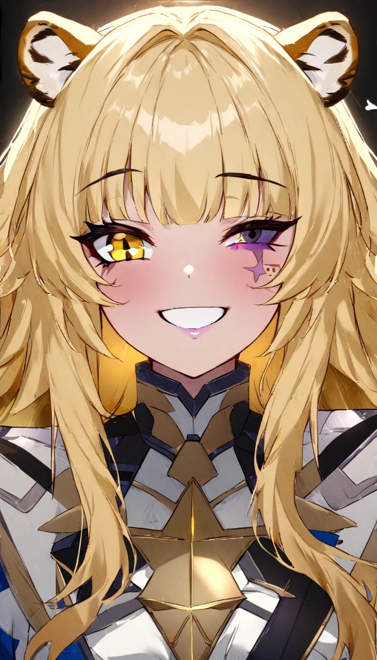 1 girl、(((best qualityer)), ((work of art)), (detaileds), work of art, best qualityer, high qualiy, ultra detaild, face perfect, ((1 girl, blonde eyes, tiger ears: 1.3 long blonde hair: 2.5,wart under the left eye：2.0))、shiny hair、shining skin、happy face、Lustful look、