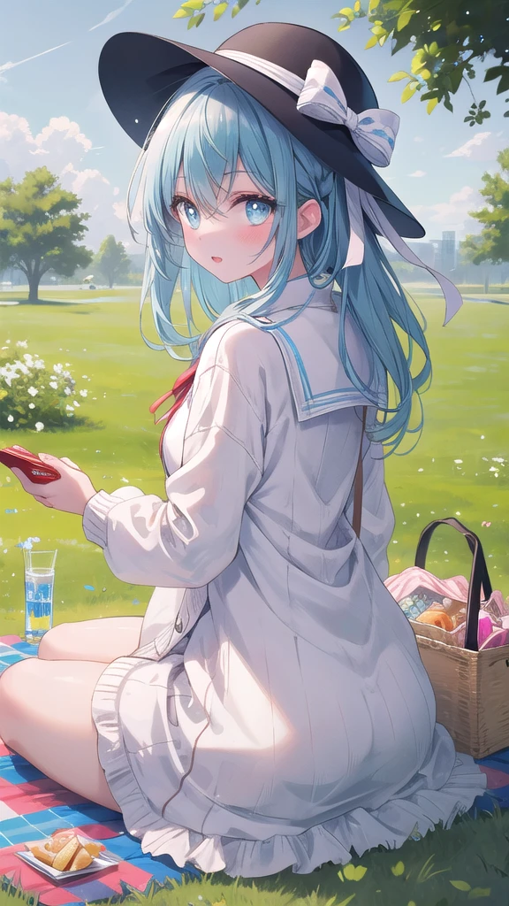 (8k, best quality, master piece: 1.2),super high resolution,1 girl, 独奏, ((colorshift eyes, hyperdetailed, expressive eyes)), ultra-detailed face, random hair, random color, Ecstatic expression, Back view, green々Sitting on the grass、Girl relaxing on a picnic blanket。。White frilly dress、Cardigan with ribbon on the back。A small hat。