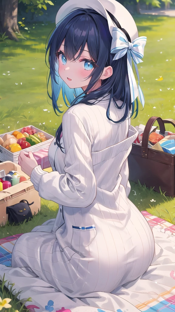 (8k, best quality, master piece: 1.2),super high resolution,1 girl, 独奏, ((colorshift eyes, hyperdetailed, expressive eyes)), ultra-detailed face, random hair, random color, Ecstatic expression, Back view, green々Sitting on the grass、Girl relaxing on a picnic blanket。。White frilly dress、Cardigan with ribbon on the back。A small hat。