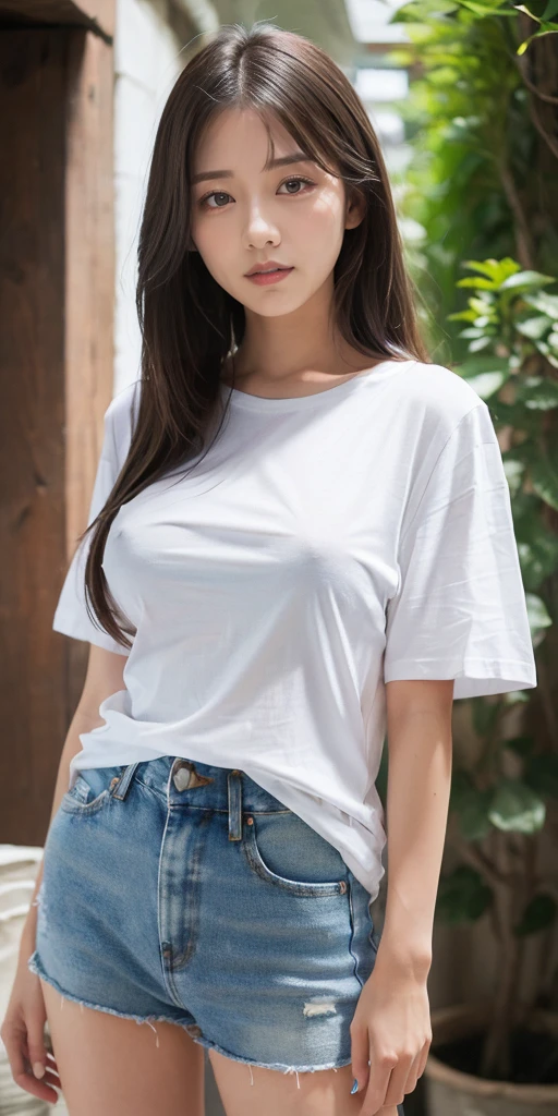 (full body:1.5), 1girl, long hair, ((Wearing a white T-shirt:1.5)), (Small breasts:1.5), Wearing denim pants, Highest quality, figure, Super detailed, Fine details, High resolution, 8k wallpaper, Perfect dynamic composition, Beautiful attention to detail, A woman with a slightly young face, that's pale face, Small and cute nose, Baby Face, cute double, round face, Baby Face, Eyes slightly apart, Brown hair long, (Has bangs:1.4) Small breasts and natural colored lips, smile, harajuku, 20-year-old girl, Wearing a white T-shirt and long denim pants, Brown hair long, reaching down to the chest, The shoes worn are sneakers, Height is 155cm