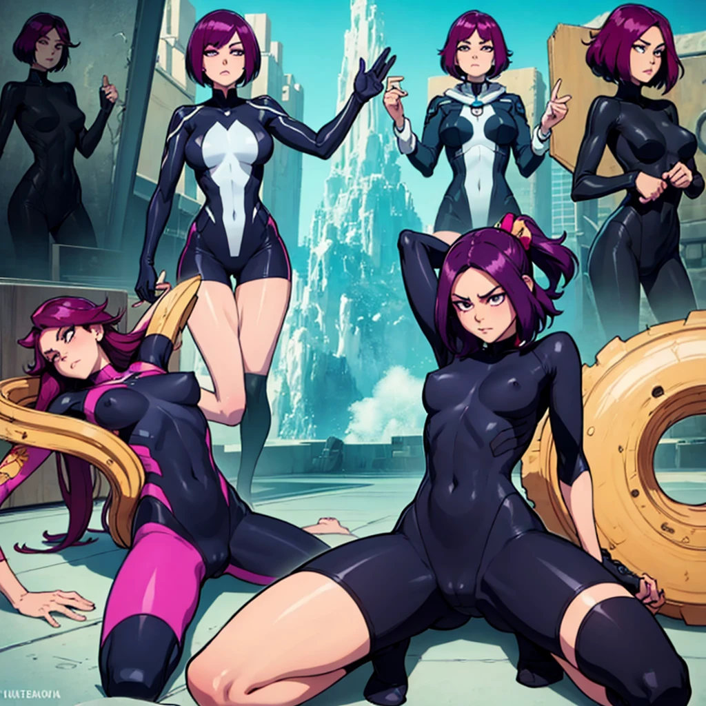 Design an animation sprite depicting a character crossing their legs. The character wears a full-body black suit with purple hair. Show the sequence in four frames, each subtly different to convey the movement