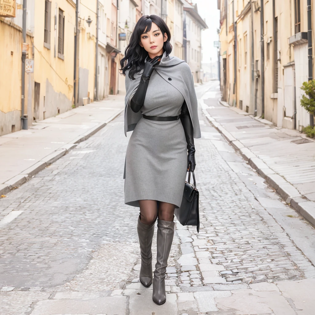 (photorealistic), high school girl walking on the street, beautiful girl, anatomically correct, mature body, slightly parted lips, big breast, slim waist, big hip, (black short wavy bob with full bangs), (cashmere cape in gray), (cashmere skirt in gray), (leather elbow gloves in black), (leather high heel long boots in black), ultra realistic details, beautiful realistic face, beautiful realistic skin, 8k