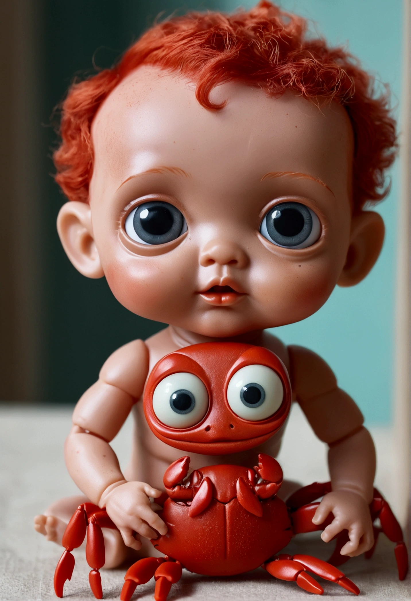 a toy baby with a crab body and very creepy eyes, He also has red hair up.