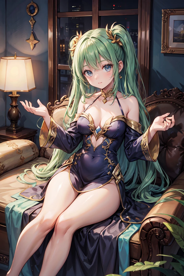 Beautiful enchantress in a cozy dress