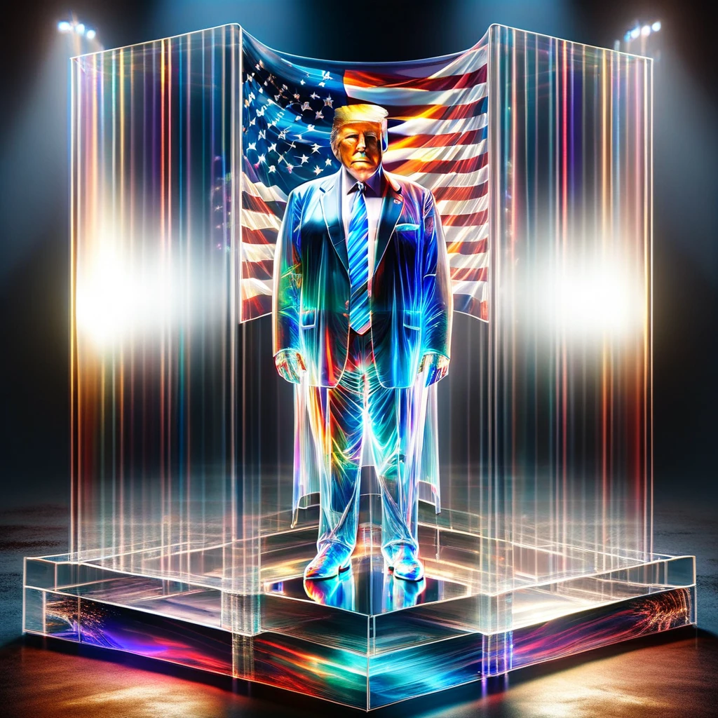 hyper detailed masterpiece, dynamic realistic digital art, incredible quality,transparentes, standing in front of Donald Trump, united states flag