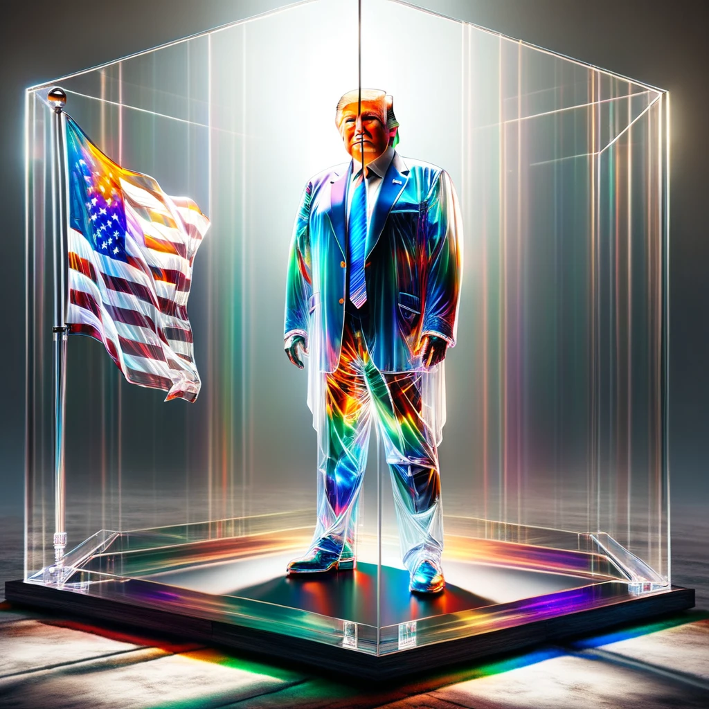 hyper detailed masterpiece, dynamic realistic digital art, incredible quality,transparentes, standing in front of Donald Trump, united states flag