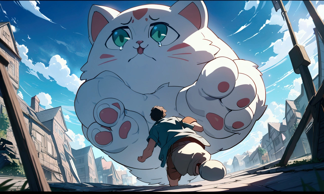 A crying boy running away to here through the town almost being trampled by a ultra-gigantic cat's paw, cinematic angle, anime, (best quality,4k,8k,highres,masterpiece:1.2),ultra-detailed,vivid colors,dramatic lighting,