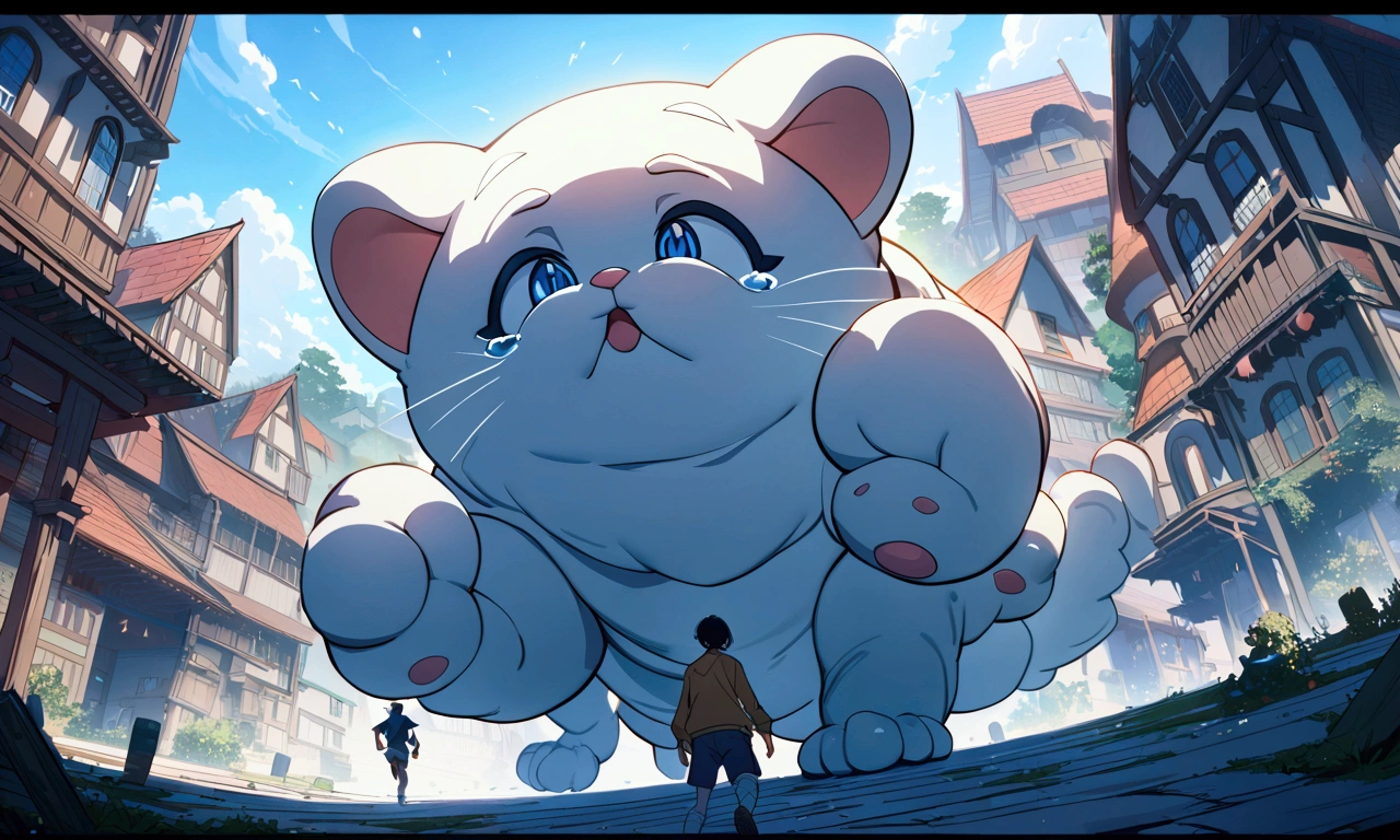A crying boy running away to here through the town almost being trampled by a ultra-gigantic cat's paw, cinematic angle, anime, (best quality,4k,8k,highres,masterpiece:1.2),ultra-detailed,vivid colors,dramatic lighting,