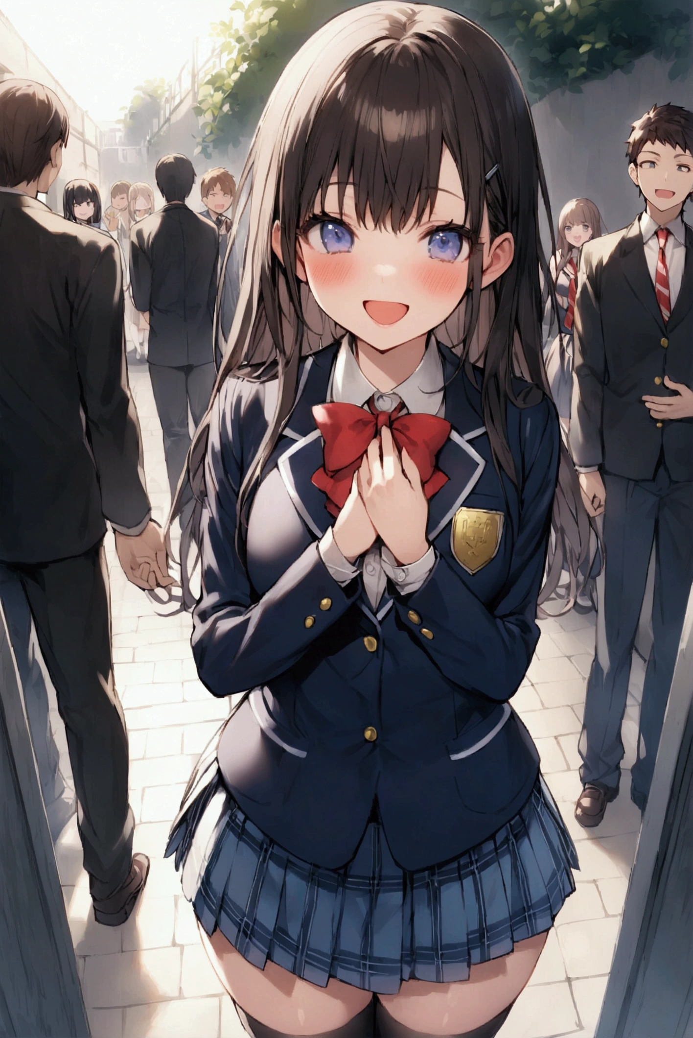 One Woman、One Man、beautiful girl、Brown-haired boy、Beautiful Youth、after school、evening、high school girl、School Nameplate、Blazer uniform、Pleated skirt、Black knee-high socks、Long Hair、In front of the school gate、Highest quality,  Thick thighs、Big 、White panties、Black Hair、The girl has an excited face、A crowd going home from school、In front of the school gateで待つ仕草、A handsome man walks in from the back.、Lean your back against the wall、Holding his chest with both hands、A man puts his hand on a woman&#39;s shoulder、Boys are smiling