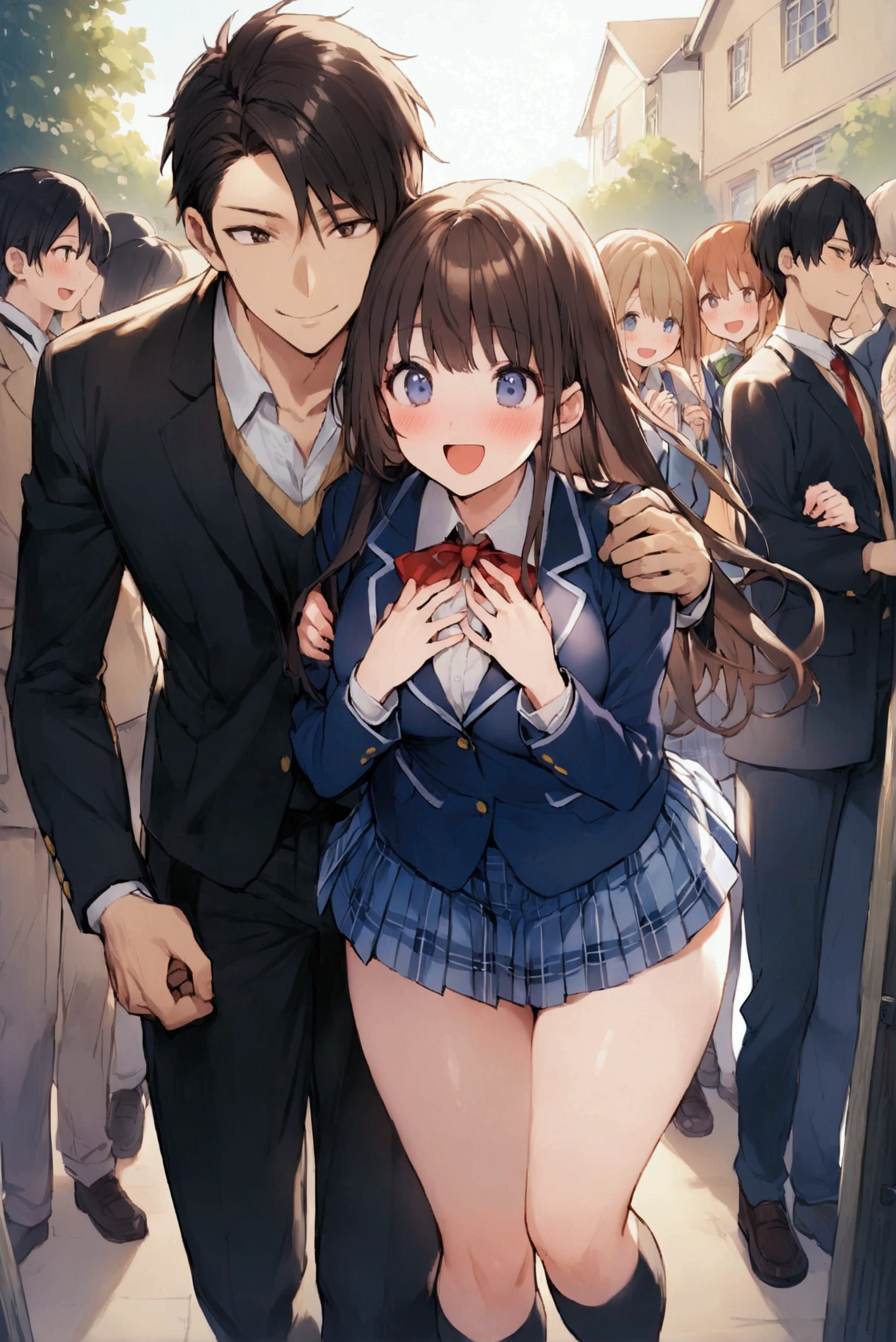 One Woman、One Man、beautiful girl、Brown-haired boy、Beautiful Youth、after school、evening、high school girl、School Nameplate、Blazer uniform、Pleated skirt、Black knee-high socks、Long Hair、In front of the school gate、Highest quality, Thick thighs、Big 、White panties、Black Hair、The girl has an excited face、A crowd going home from school、In front of the school gateで待つ仕草、A handsome man walks in from the back.、Lean your back against the wall、Holding his chest with both hands、A man puts his hand on a woman's shoulder、Boys are smiling