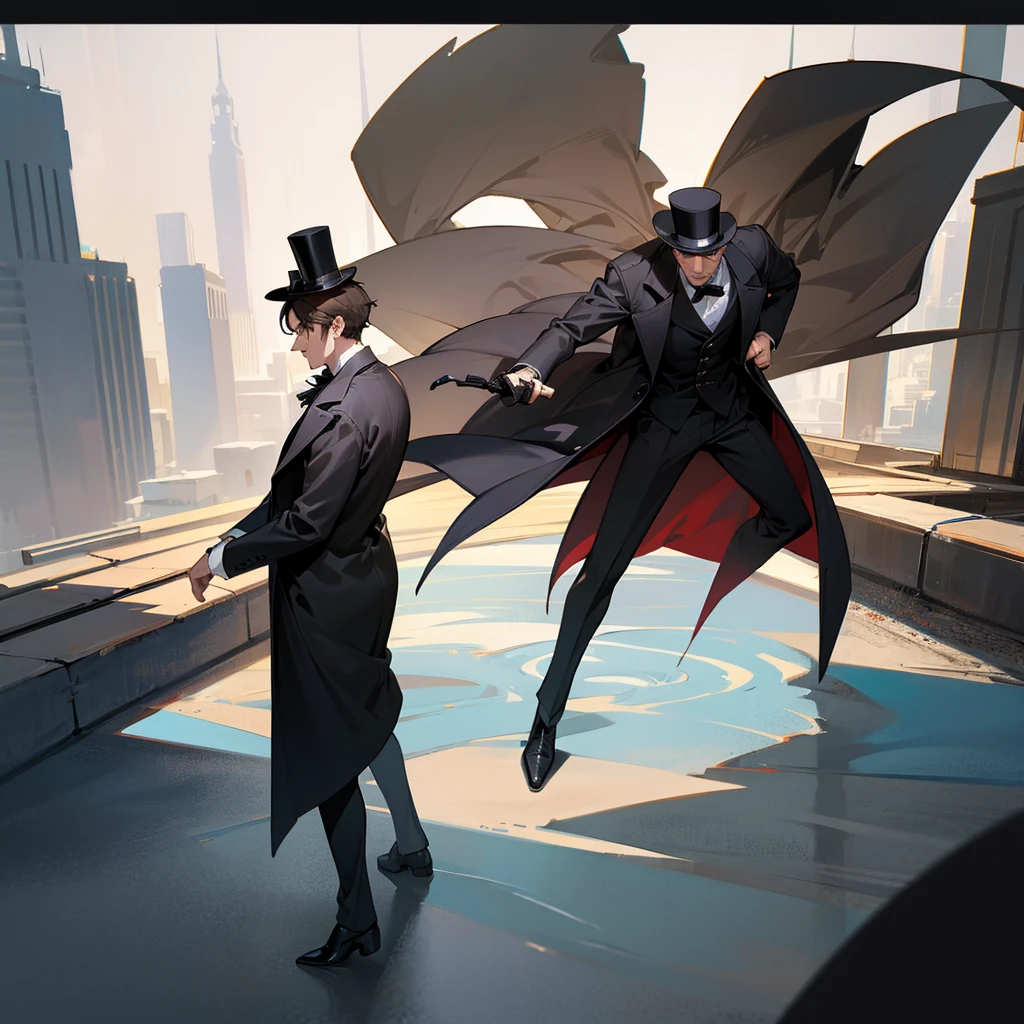 masterpiece, Highest quality, Realistic, 1 person, Mature Men, A quiet and attractive young man, Age 25, Close ~ eyes, Serious expression, Highly detailed face, ((Dark grey eyes)), ((Short dark brown hair swept to the right)), [Thick eyebrows], Thief, city, ((Wearing a classic overcoat and top hat)), Cinema Lighting, Looking at the audience, Postural dynamics,Side angle、((Full body view))