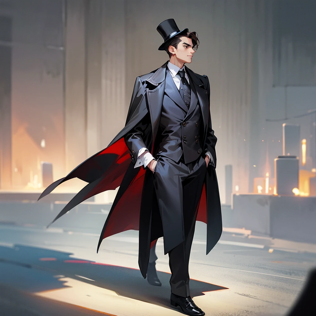 masterpiece, Highest quality, Realistic, 1 person, Mature Men, A quiet and attractive young man, Age 25, Close ~ eyes, Serious expression, Highly detailed face, ((Dark grey eyes)), ((Short dark brown hair swept to the right)), [Thick eyebrows], Thief, city, ((Wearing a classic overcoat and top hat)), Cinema Lighting, Looking at the audience, Postural dynamics,Side angle、((Full body view))